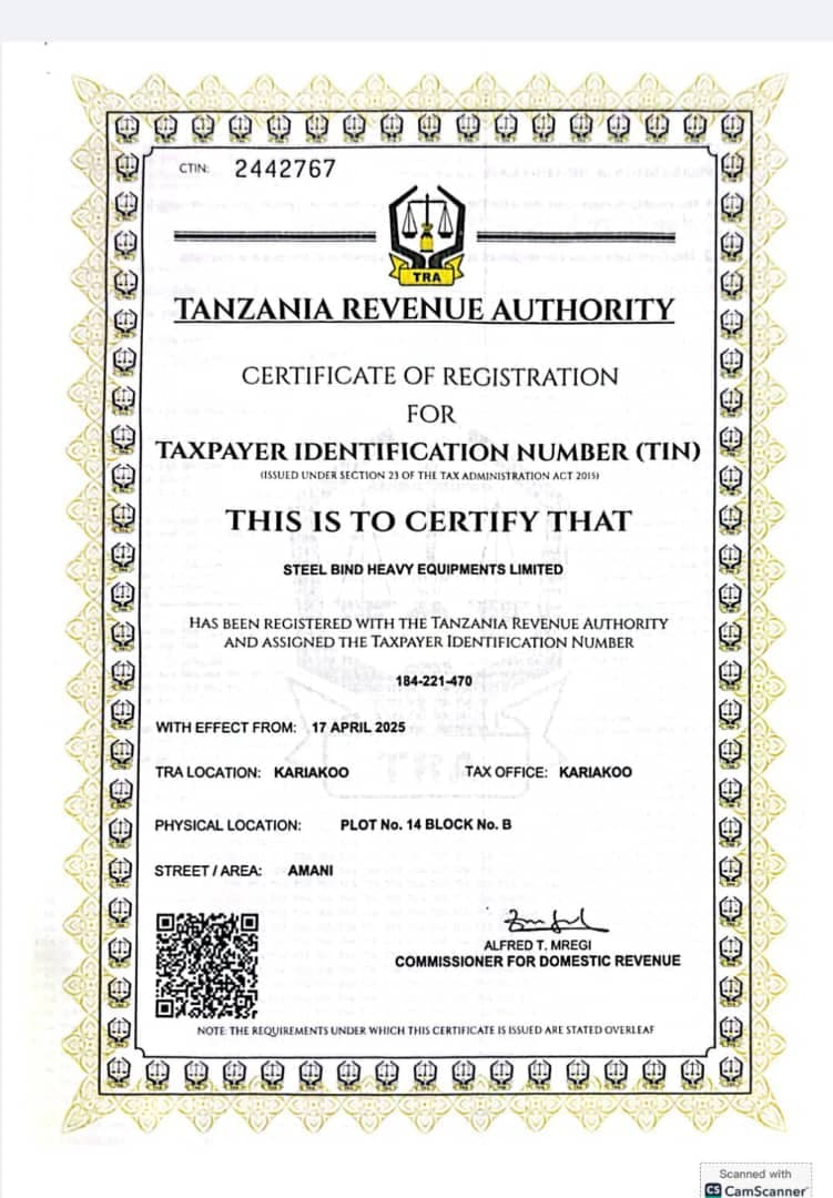 TRA Certificate of Registration for Steel Bind Heavy Equipments Limited — TIN 184-221-470